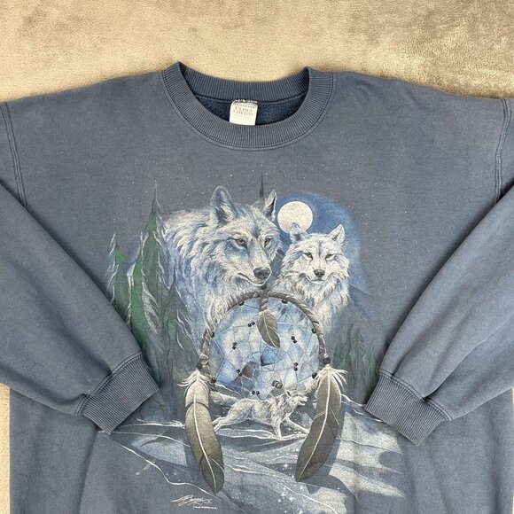 Vintage 90s Gildan Wolves Dreamcatcher Sweatshirt Pullover Crewneck Winter Large - Picture 2 of 10